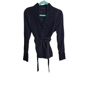 Adolfo Domiguz Navy Blue Smocked Swiss Dot Long Sleeve Blouse 44EU/16US